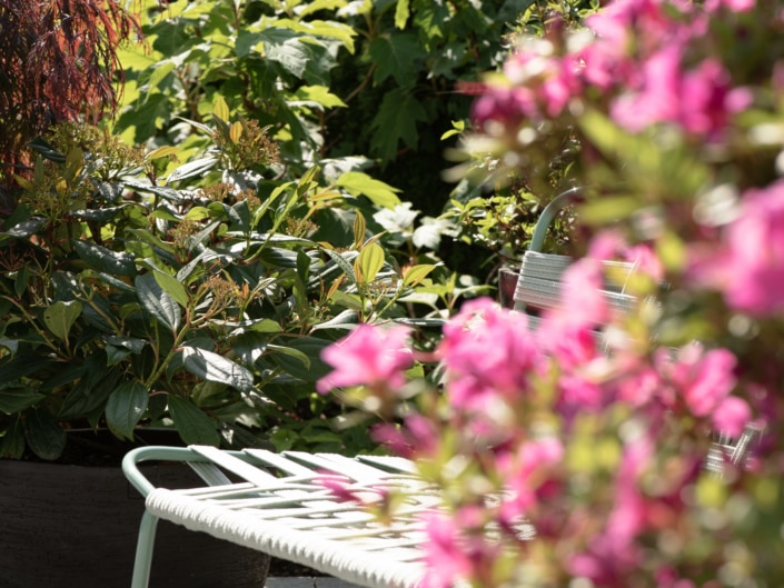 Wellness im Garten Stuhl mit Blumen im Vordergrund